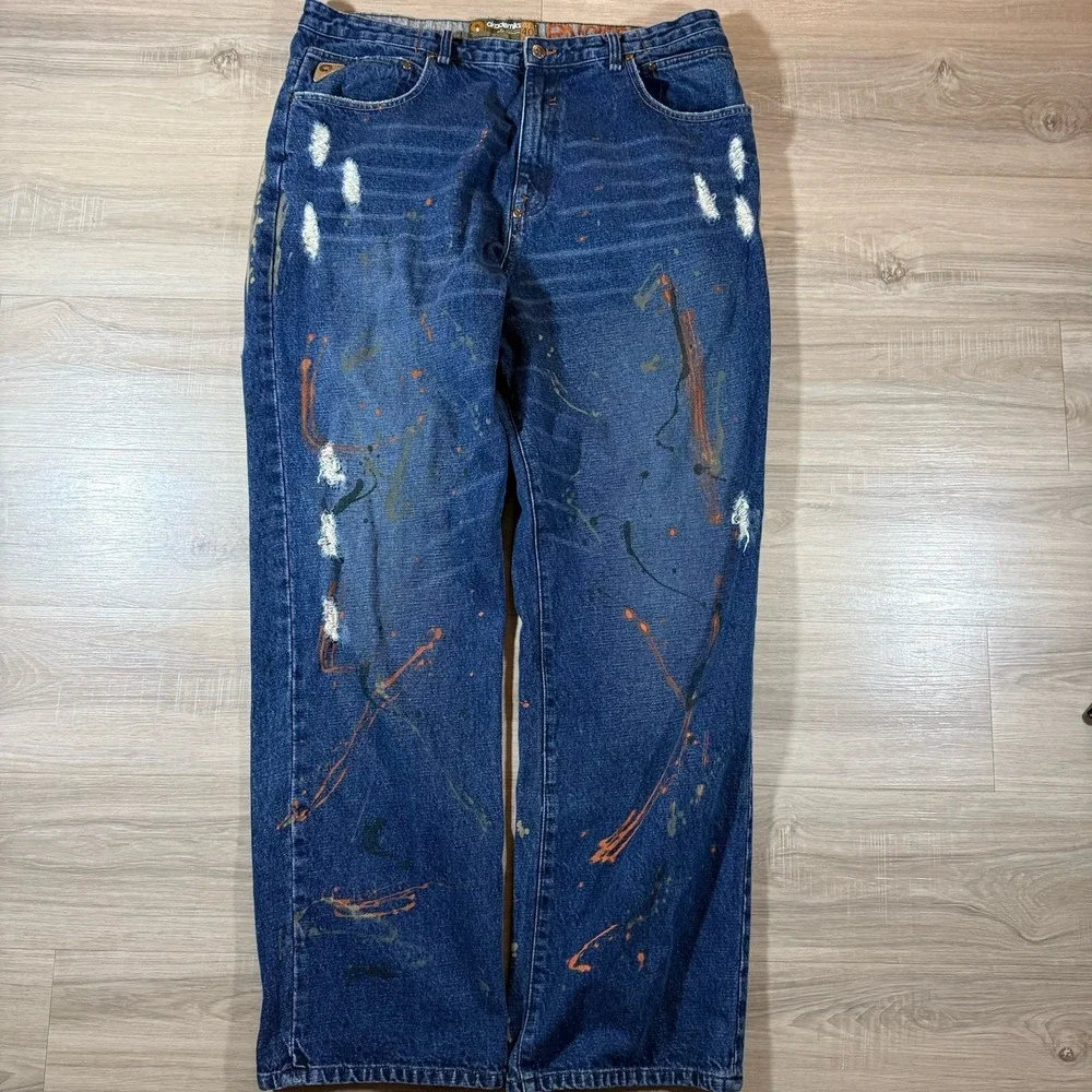 Akademiks Splatter Dark Jeans Distressed Sz 40X34 Baggy Denim Selected Materials - Picture 2 of 8
